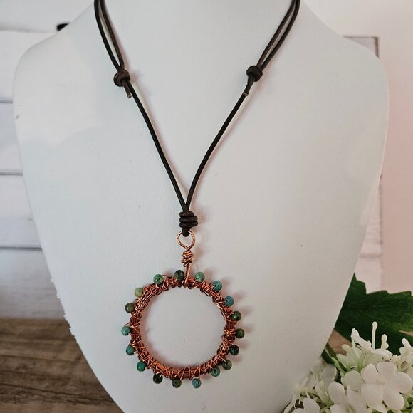 Minimalistic African Turquoise Stones Copper Circle Leather Necklace - Picture 1 of 4